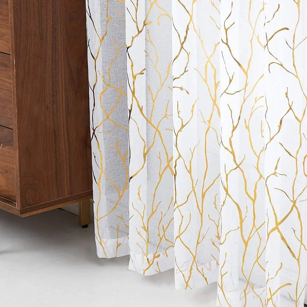 Elegant Tree Branch Sheer Curtains for Bedroom - Metallic Gold and White Grommet Window Treatment Set, 63 Inch Length, 2 Panels (52 x 63 Inch)-Allen Cozy Haven Store