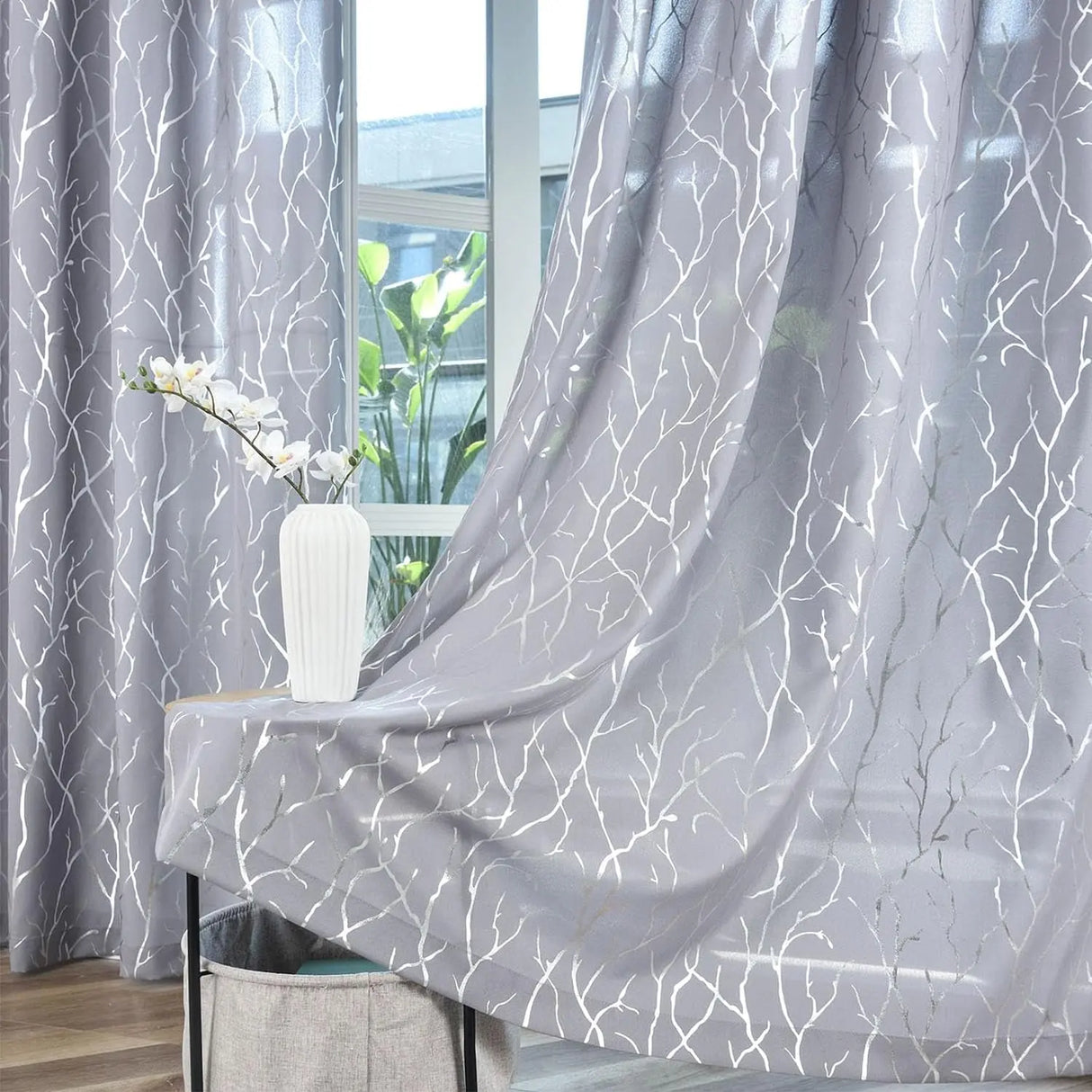 Elegant Tree Branch Sheer Curtains for Bedroom - Metallic Gold and White Grommet Window Treatment Set, 63 Inch Length, 2 Panels (52 x 63 Inch)-Allen Cozy Haven Store