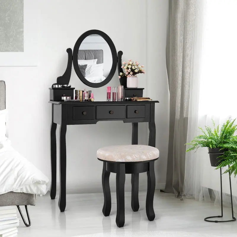Elegant Vanity Makeup Table Set with Padded Stool and Storage Drawers for Bedroom Furniture-Allen Cozy Haven Store