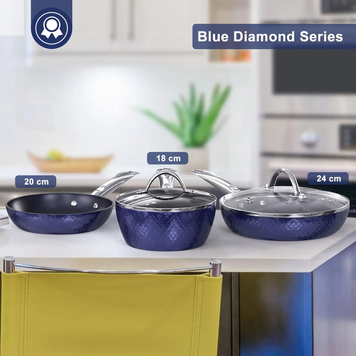 Frying Pan Sets Non Stick 3Pieces Blue 3D Diamond Cookware Allen Cozy Haven Store