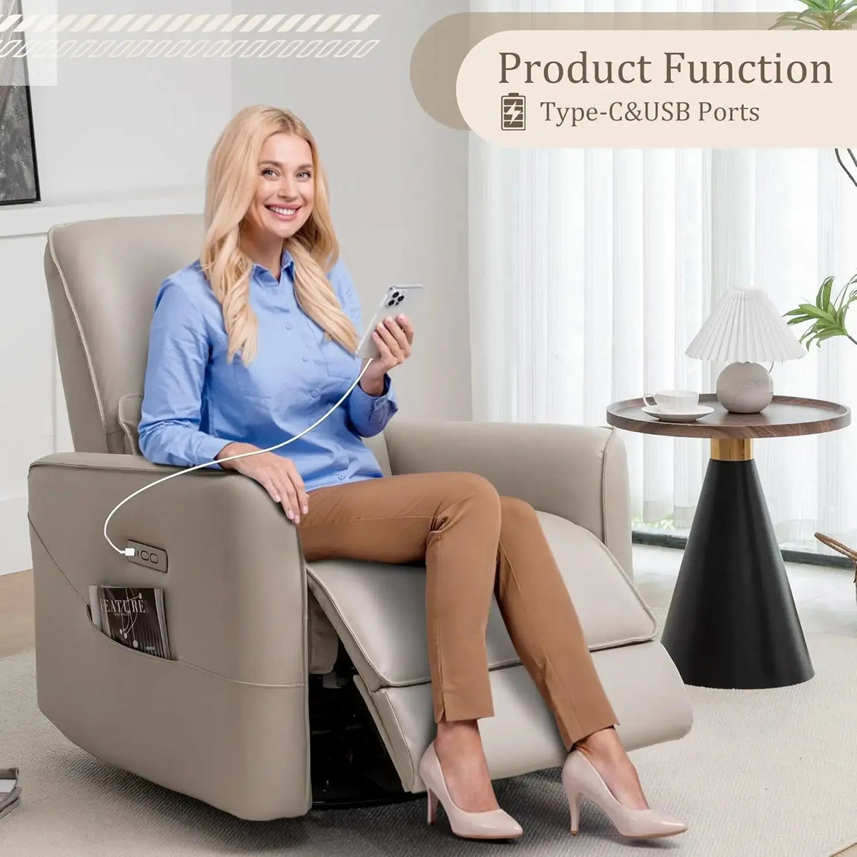 Glider Rocking Chair Nursery, Electric Rocking Recliner Chair of Faux Leather, Power Rocker Recliner Chair with Side Pockets Allen Cozy Haven Store