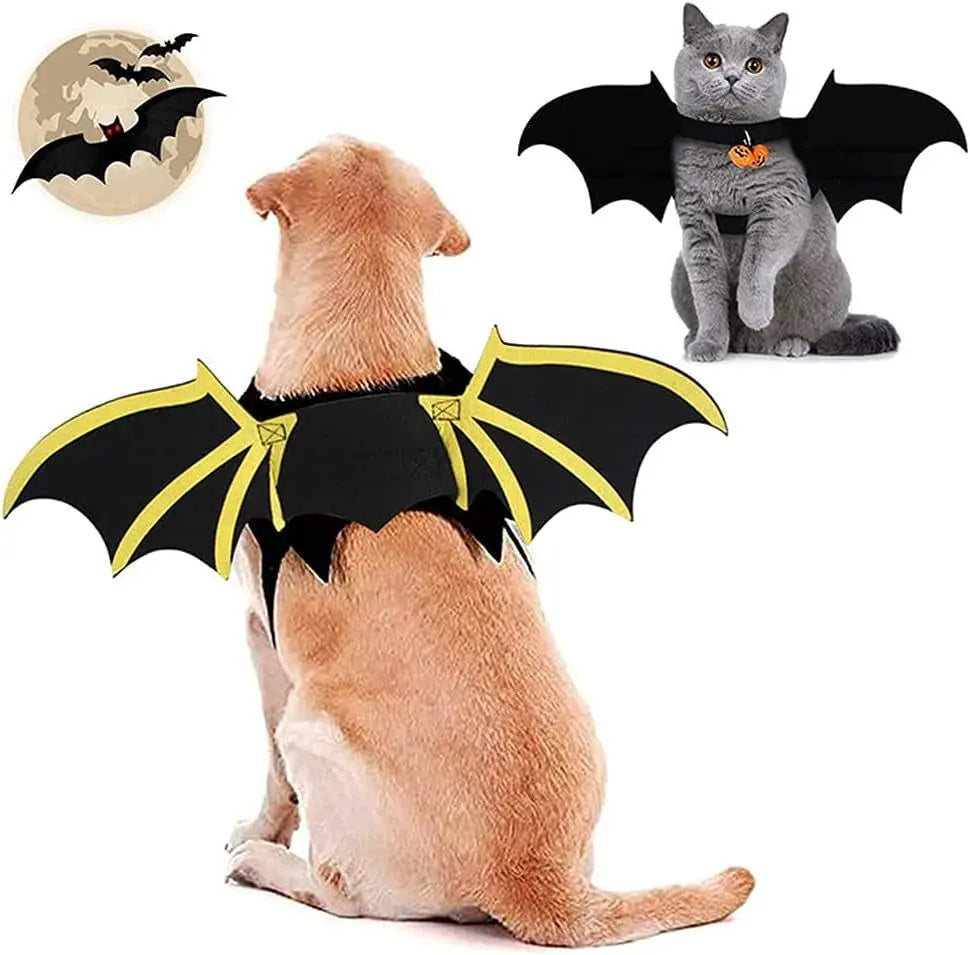 Halloween Pet Costume with Bat Wings and Pumpkin Bells - Suitable for Dogs and Cats, Size S-Allen Cozy Haven Store