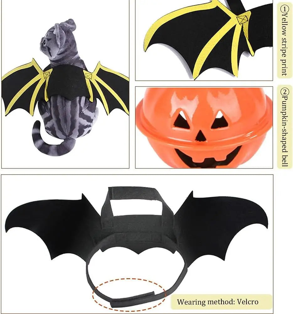 Halloween Pet Costume with Bat Wings and Pumpkin Bells - Suitable for Dogs and Cats, Size S-Allen Cozy Haven Store