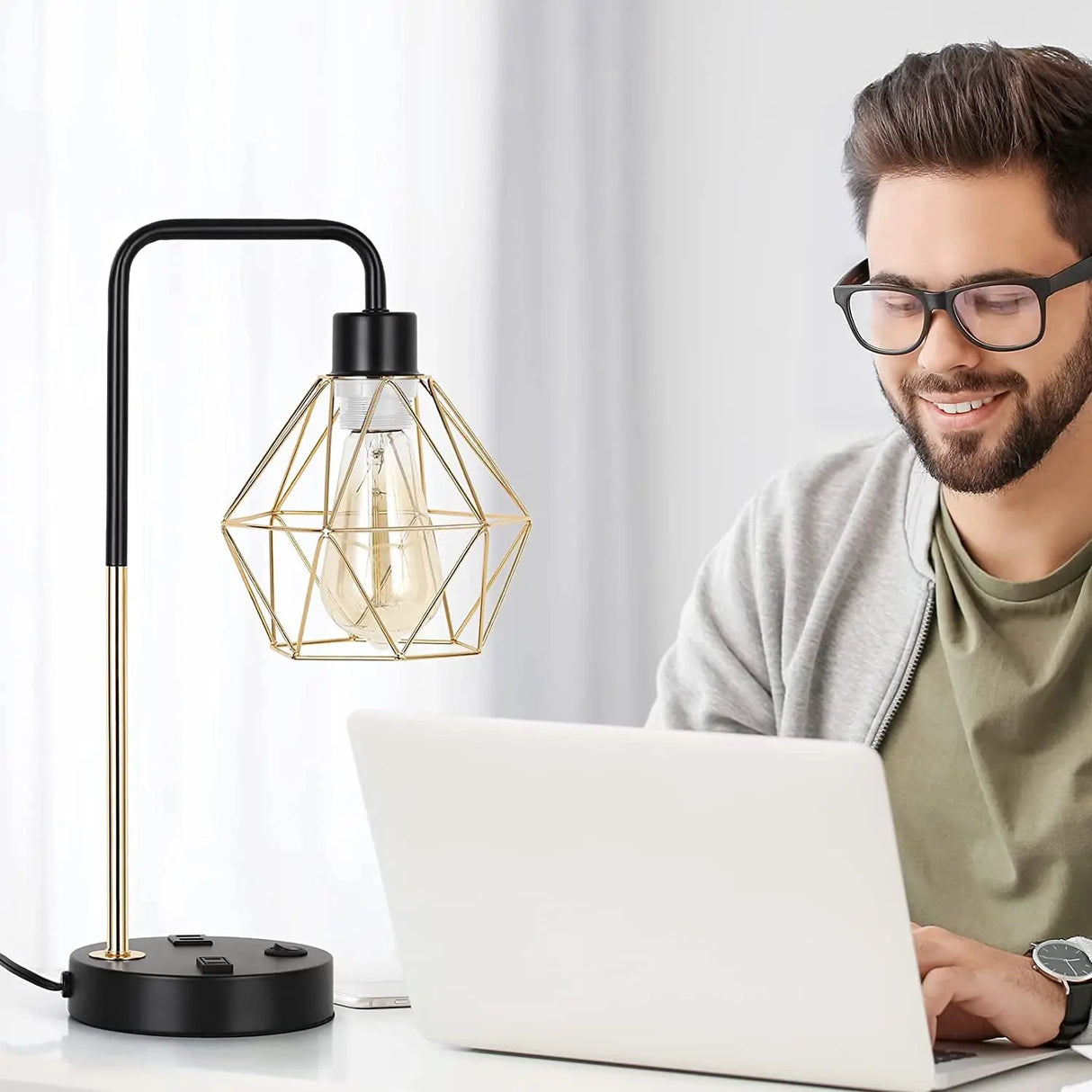 Industrial USB Desk Lamp, Edison Desk Lamp Gold Metal Cage Table Lamp with 2 USB Ports and 1 AC Outlet-Allen Cozy Haven Store