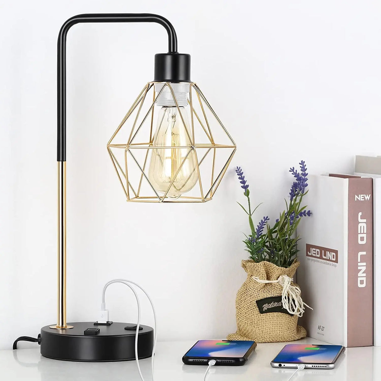 Industrial USB Desk Lamp, Edison Desk Lamp Gold Metal Cage Table Lamp with 2 USB Ports and 1 AC Outlet-Allen Cozy Haven Store