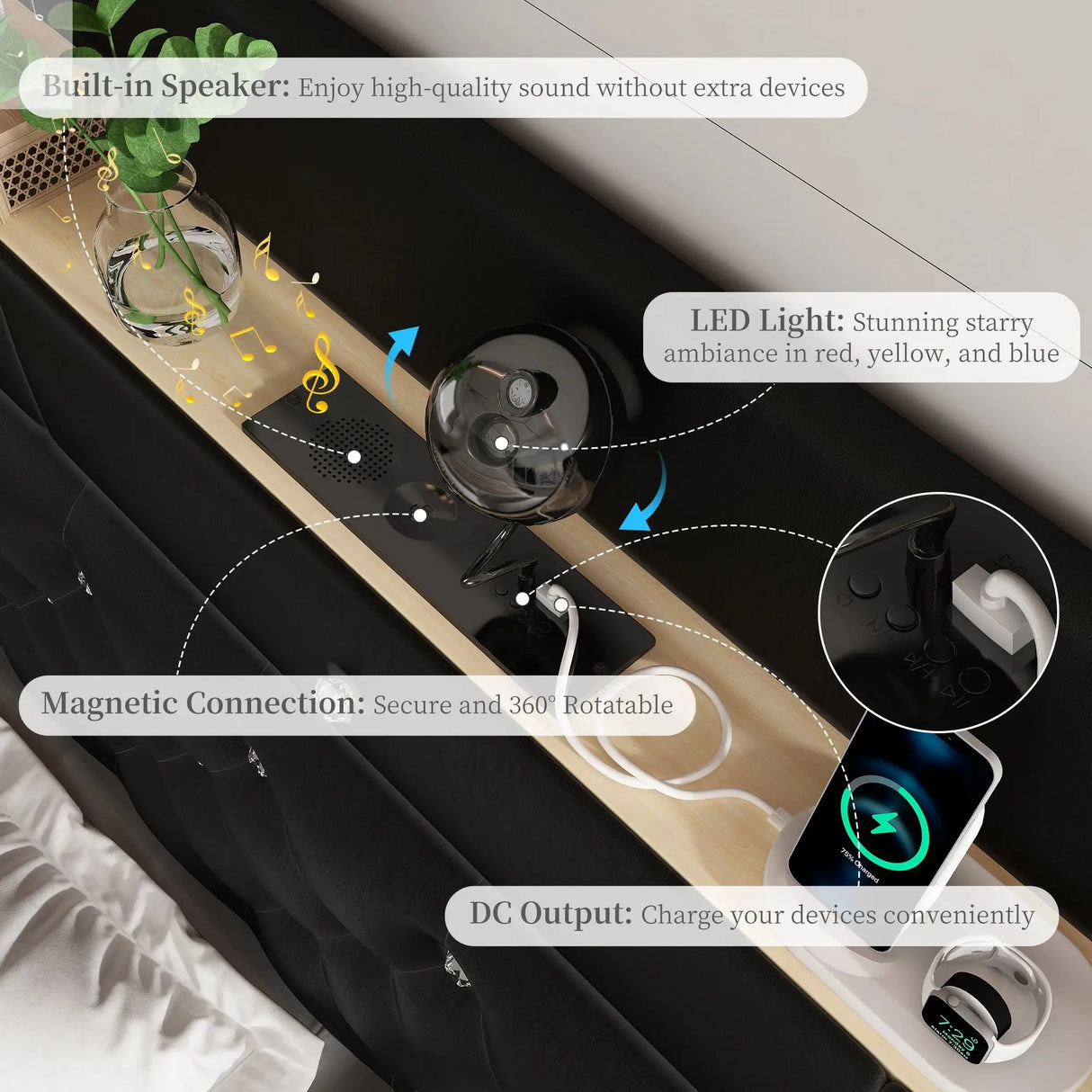 LED Bed Frame with Galaxy Star Projector, 2 Drawers, 52" PU Headboard with Charging Station, Noise Free, No Box Spring Allen Cozy Haven Store