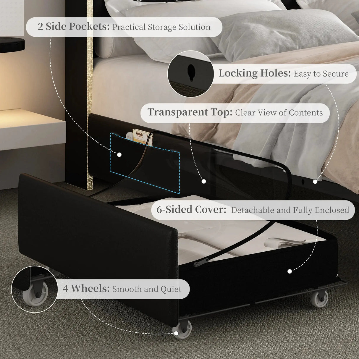 LED Bed Frame with Galaxy Star Projector, 2 Drawers, 52" PU Headboard with Charging Station, Noise Free, No Box Spring Allen Cozy Haven Store