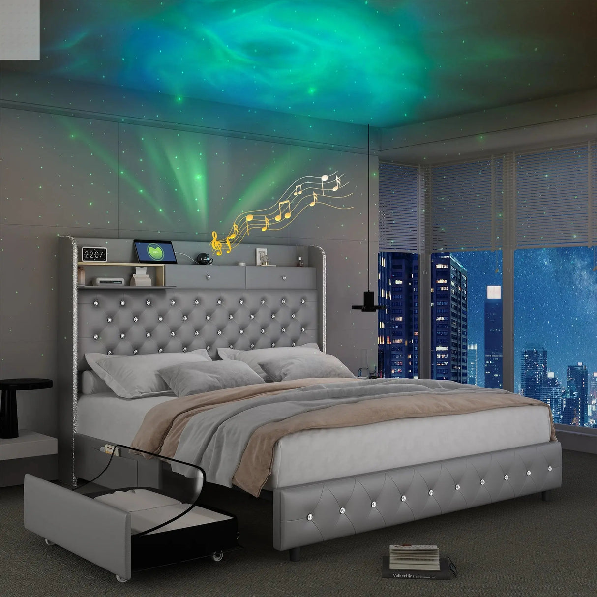 LED Bed Frame with Galaxy Star Projector, 2 Drawers, 52" PU Headboard with Charging Station, Noise Free, No Box Spring Allen Cozy Haven Store