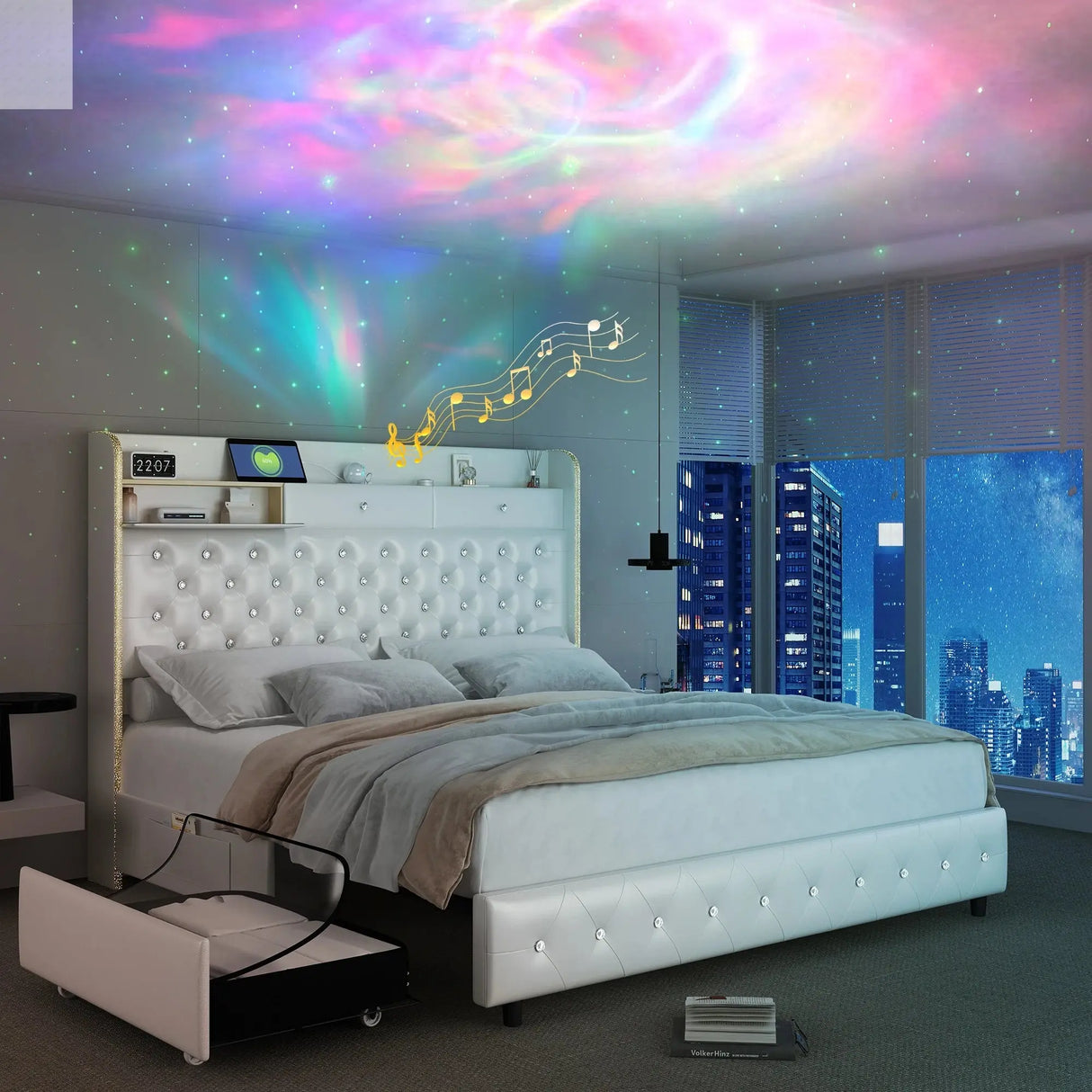 LED Bed Frame with Galaxy Star Projector, 2 Drawers, 52" PU Headboard with Charging Station, Noise Free, No Box Spring Allen Cozy Haven Store