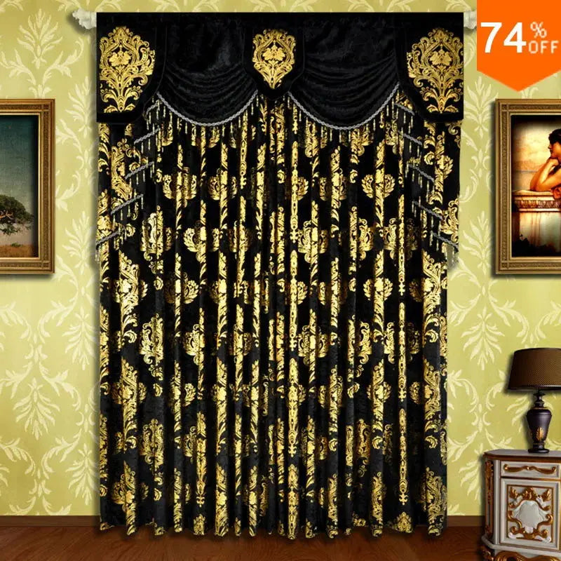 Luxurious Black Velvet Christmas Curtains Featuring Embroidered Gold Floral Design and Eyelet Top for Bedroom Decor-Allen Cozy Haven Store
