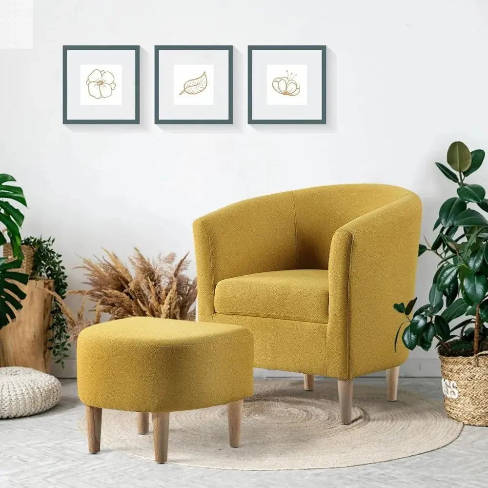 Modern Accent Chair, Upholstered Arm Chair Linen Fabric Single Sofa Chair with Ottoman Foot Rest Mustard Yellow Comfy Armchair f Allen Cozy Haven Store