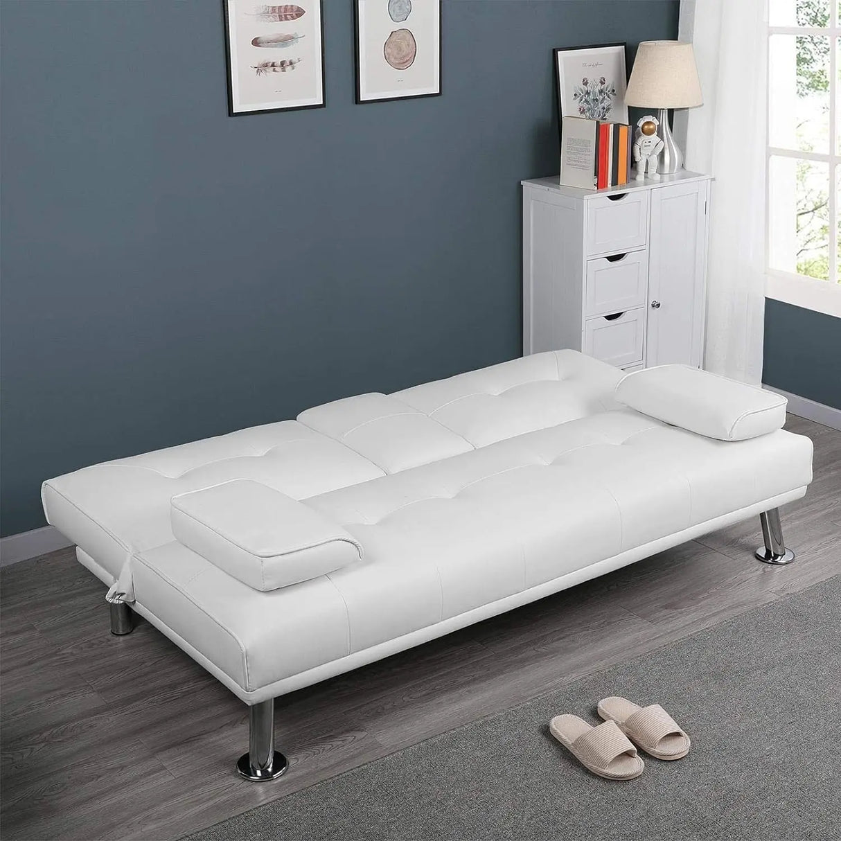 Modern Sofa Bed Faux Leather Sofa Convertible Folding Futon Couch with Armrest Home Recliner Home Furniture for Living Room White-Allen Cozy Haven Store