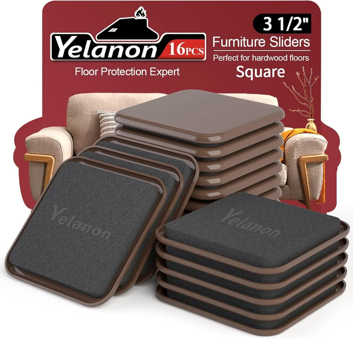 Premium 16-Piece Heavy-Duty Furniture Sliders - 3.5” Square Brown Pads for Carpet Protection and Easy Moving-Allen Cozy Haven Store