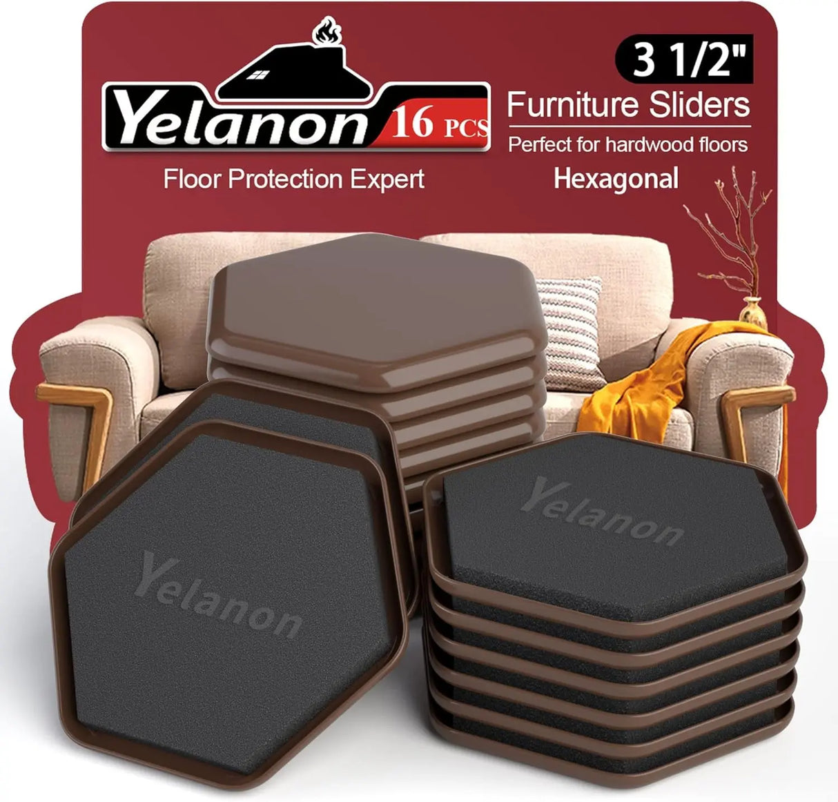 Premium 16-Piece Heavy-Duty Furniture Sliders - 3.5” Square Brown Pads for Carpet Protection and Easy Moving-Allen Cozy Haven Store