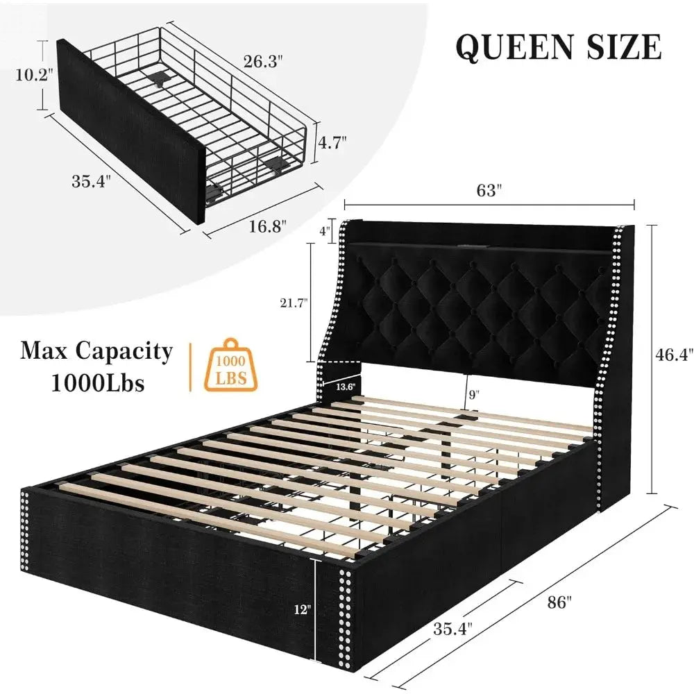 Queen Bed Frame with Storage Drawers & Charging Hub Allen Cozy Haven Store