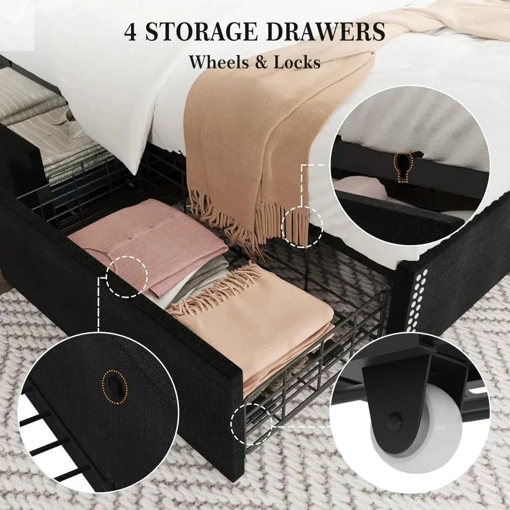 Queen Bed Frame with Storage Drawers & Charging Hub Allen Cozy Haven Store