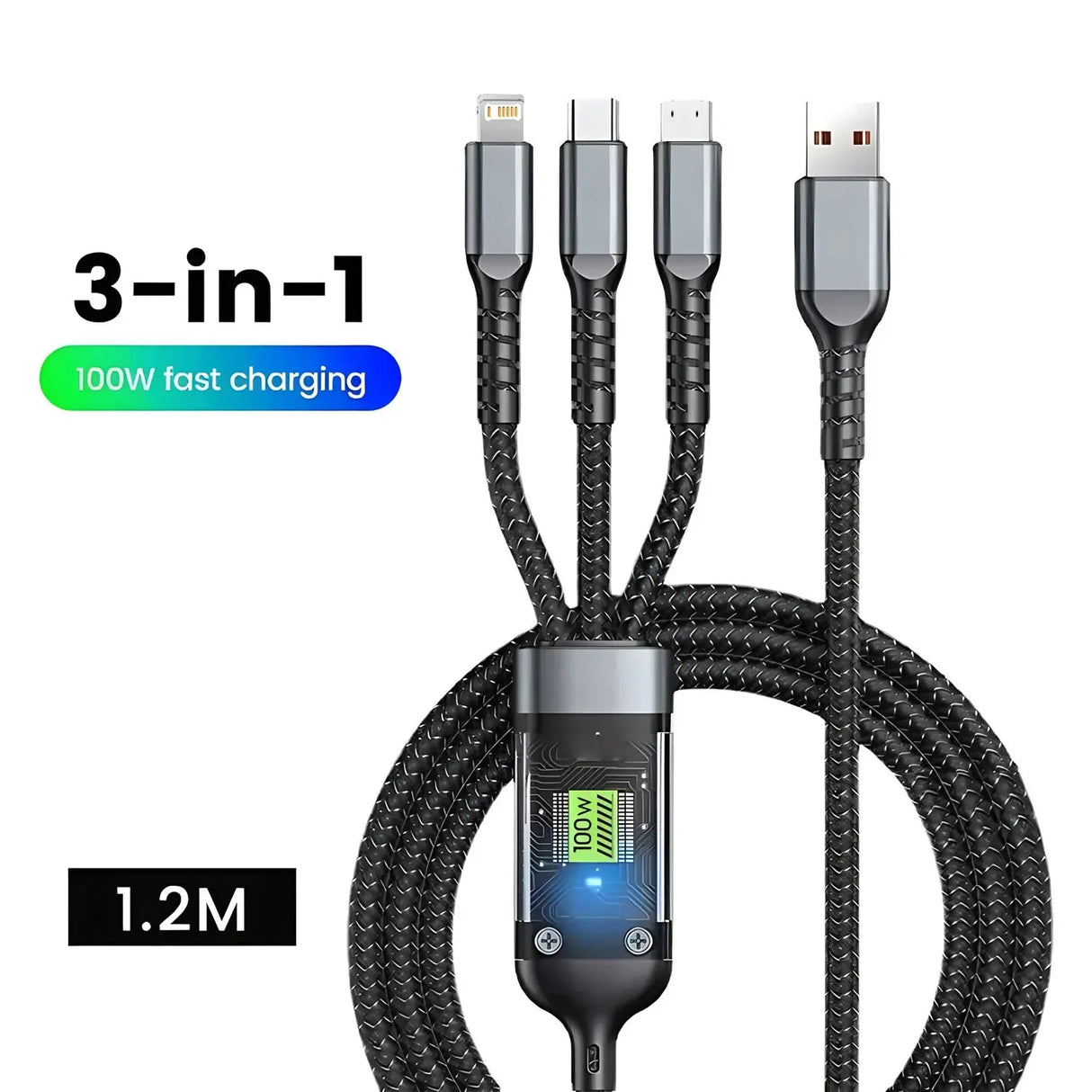 Transparent Luminous 3-in-1 Super Fast Charging Cable Compatible with iPhone 15/14/13, Type-C, and Micro USB-Allen Cozy Haven Store