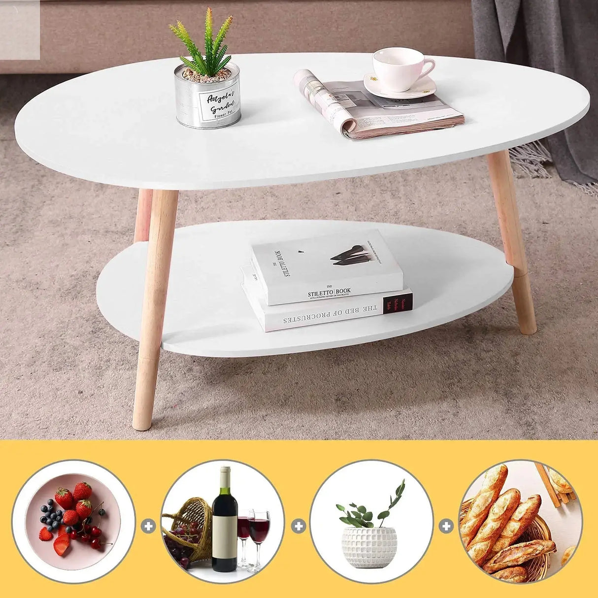 Vabches Coffee Table Oval Wood End Table with 2 Tier Open Storage Shelves White Modern Sofa Side Table for Living Room Furniture Allen Cozy Haven Store