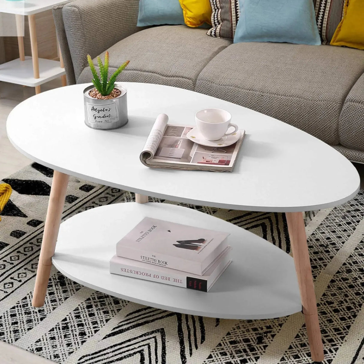 Vabches Coffee Table Oval Wood End Table with 2 Tier Open Storage Shelves White Modern Sofa Side Table for Living Room Furniture Allen Cozy Haven Store