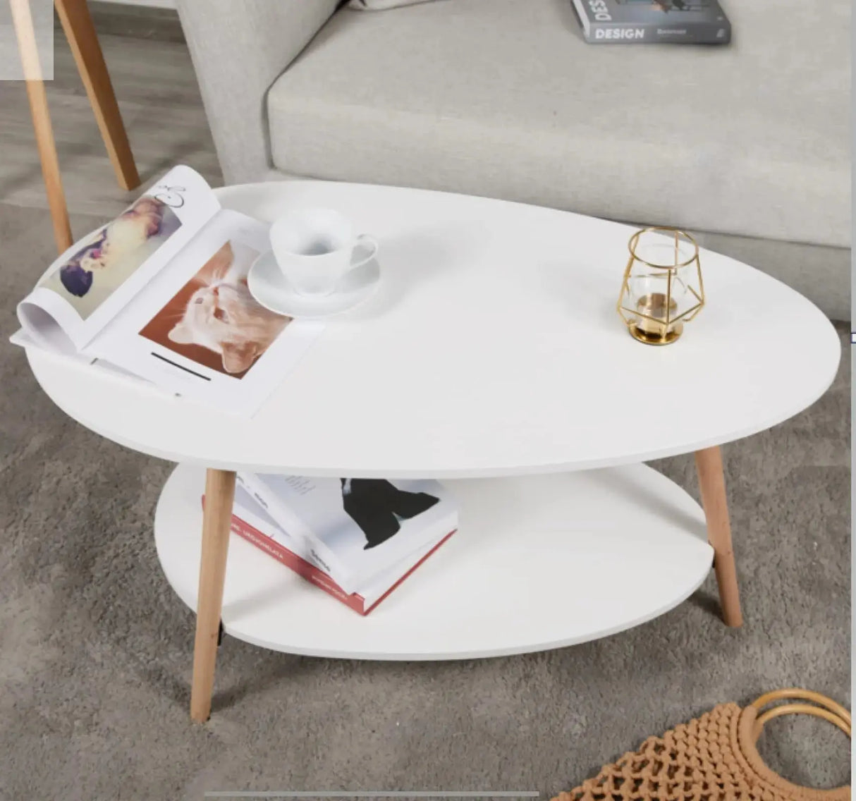 Vabches Coffee Table Oval Wood End Table with 2 Tier Open Storage Shelves White Modern Sofa Side Table for Living Room Furniture Allen Cozy Haven Store
