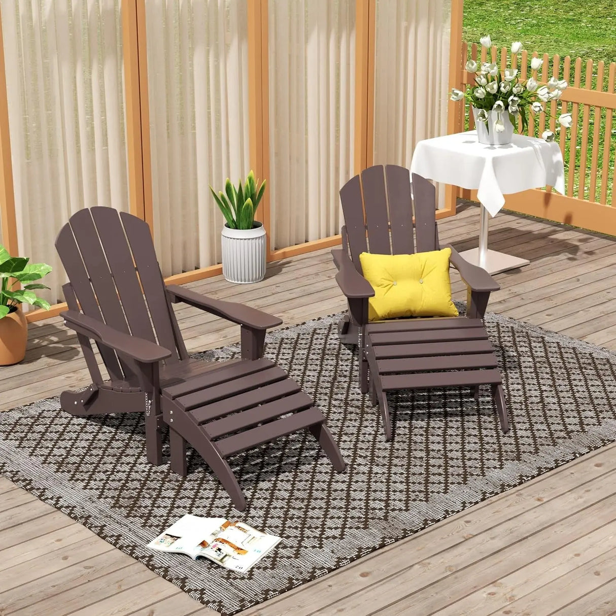 WO Home Furniture Adirondack Chair Outdoor Ottoman Set of 2 PCS Classic Patio Furniture (Dark Brown)-Allen Cozy Haven Store