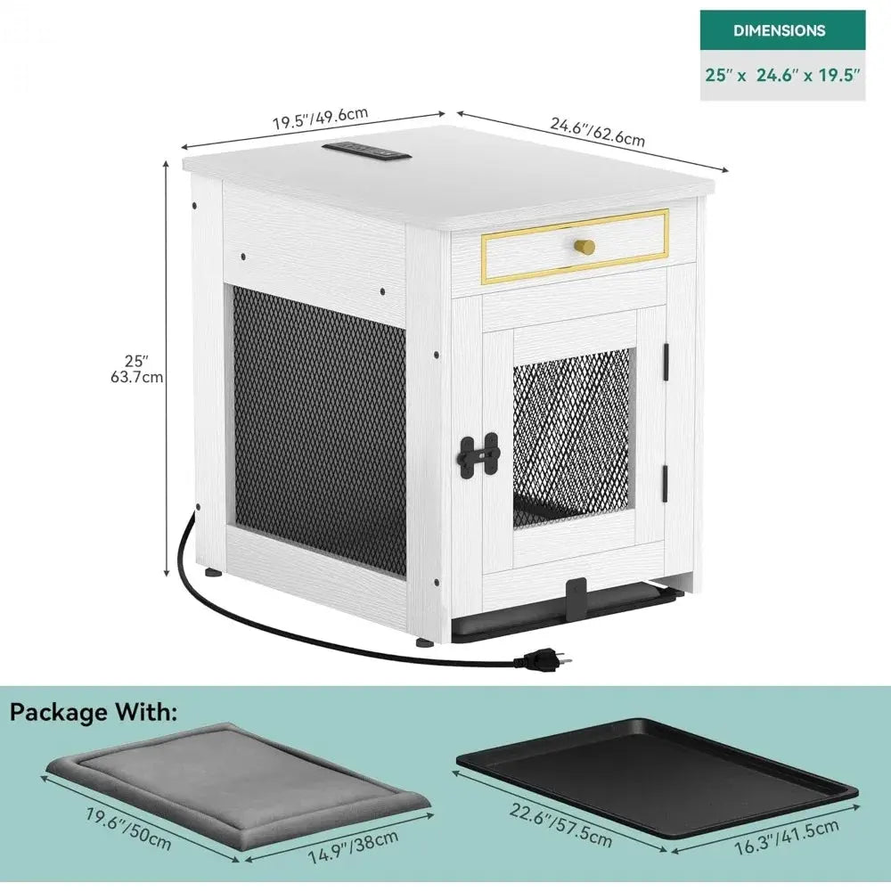 Wooden Dog Crate Furniture with Dual USB Ports, End Table for Small Dogs featuring Tray and Cushion Allen Cozy Haven Store