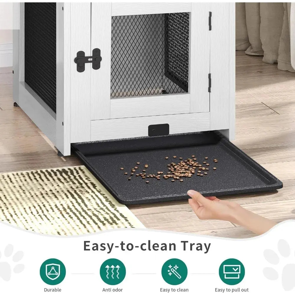 Wooden Dog Crate Furniture with Dual USB Ports, End Table for Small Dogs featuring Tray and Cushion Allen Cozy Haven Store