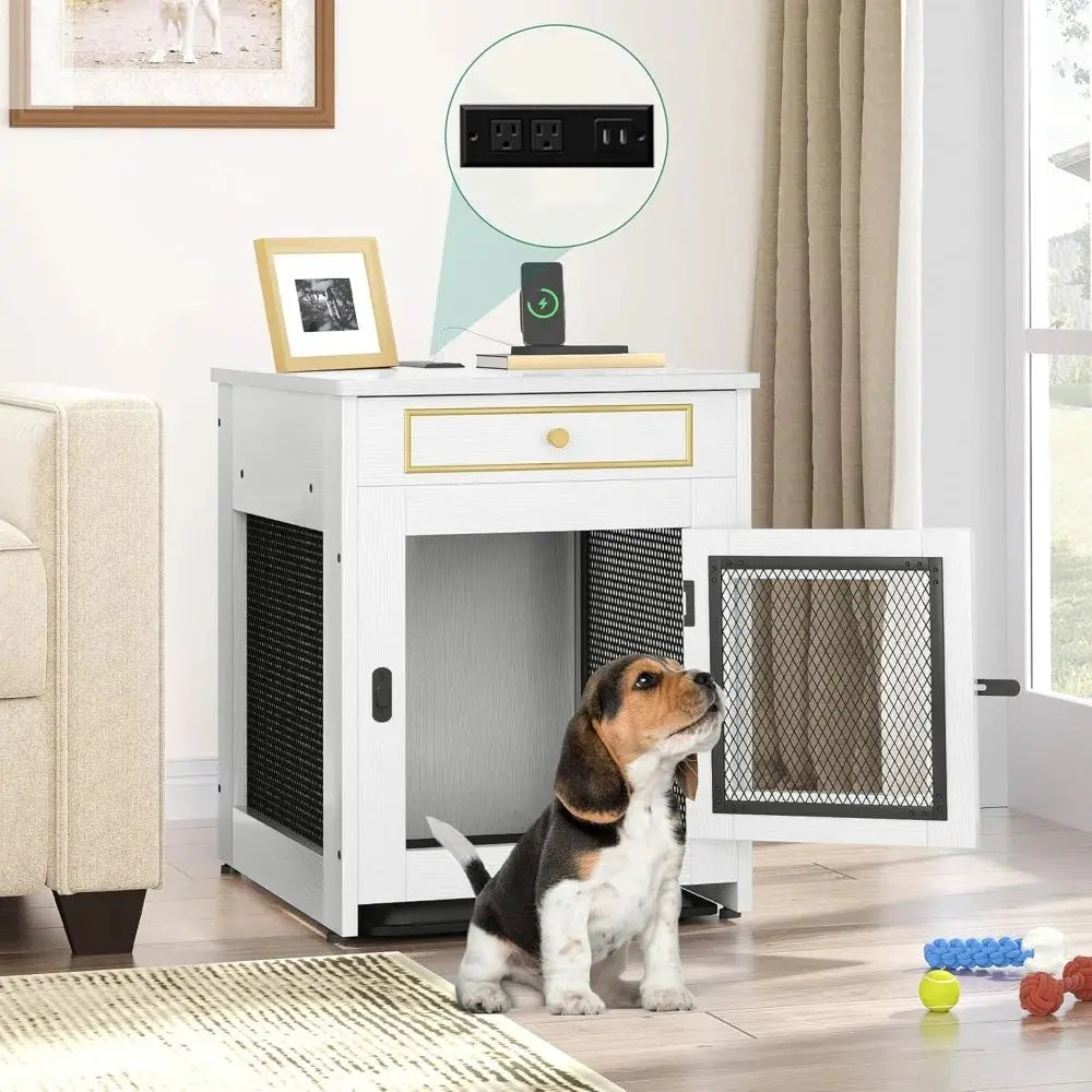 Wooden Dog Crate Furniture with Dual USB Ports, End Table for Small Dogs featuring Tray and Cushion Allen Cozy Haven Store