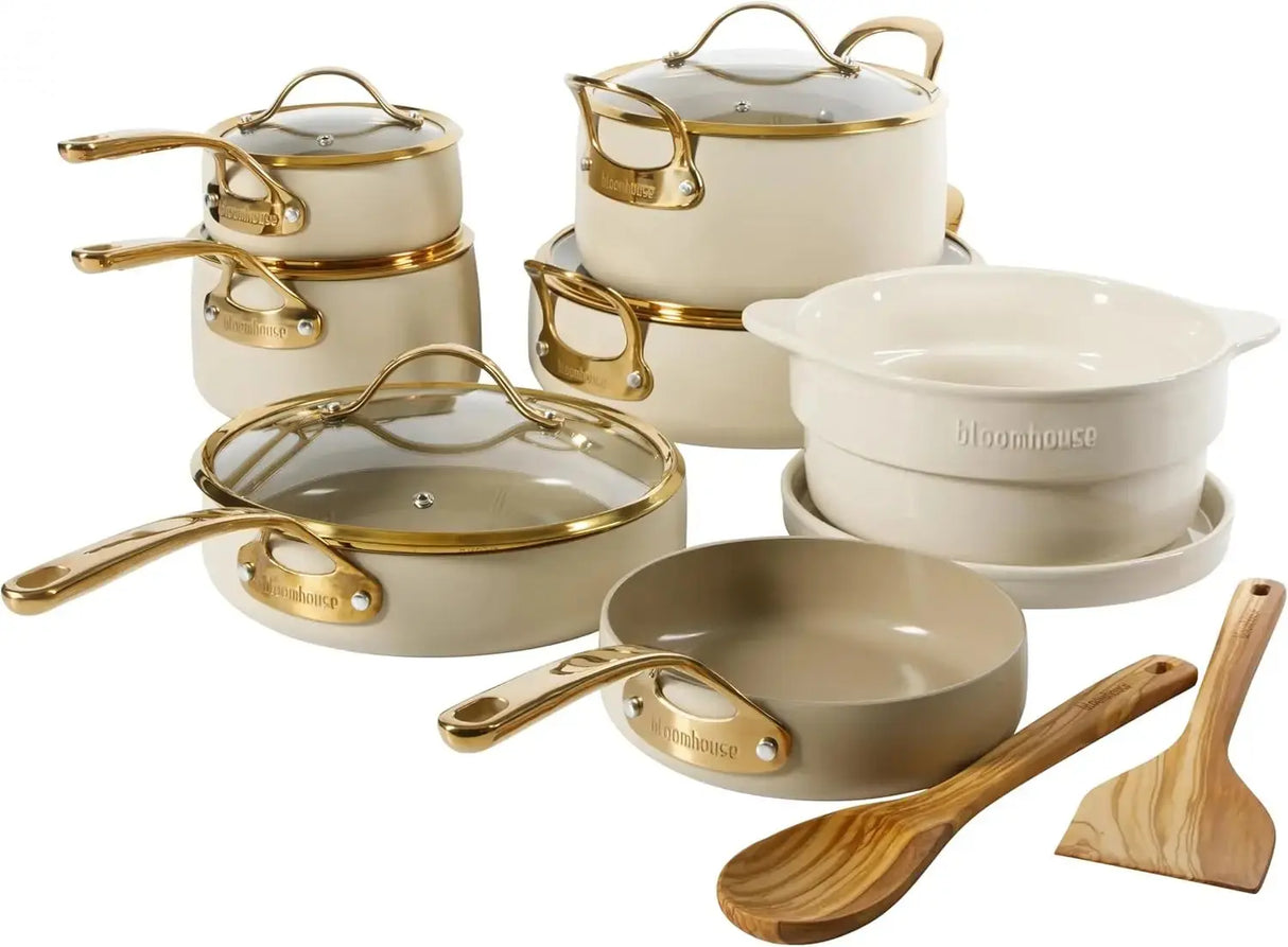 15 Piece Pots and Pans Heavy Duty Aluminum Premium PFA Free Ceramic Nonstick Dutch Oven Pot with Lid - Almond Cream w/Gold Handl Allen Cozy Haven Store