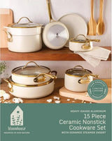 15 Piece Pots and Pans Heavy Duty Aluminum Premium PFA Free Ceramic Nonstick Dutch Oven Pot with Lid - Almond Cream w/Gold Handl Allen Cozy Haven Store