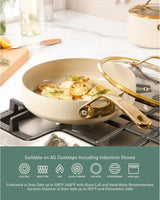 15 Piece Pots and Pans Heavy Duty Aluminum Premium PFA Free Ceramic Nonstick Dutch Oven Pot with Lid - Almond Cream w/Gold Handl Allen Cozy Haven Store