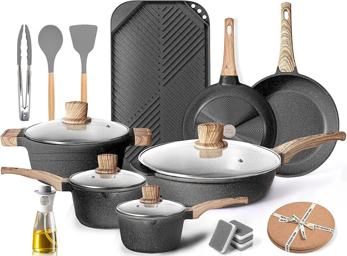 20-Piece Nonstick Granite Cookware Set of Pots and Pans for Kitchen Cooking-Allen Cozy Haven Store