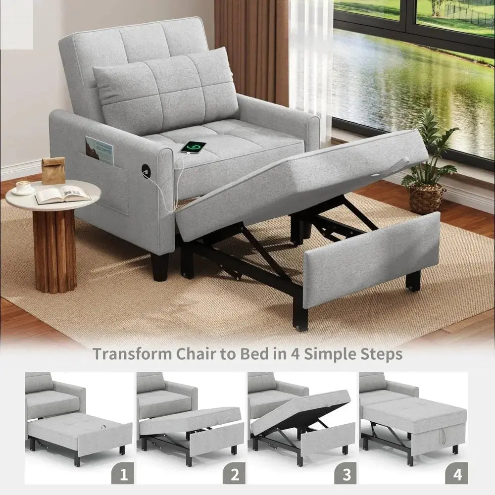 "3-in-1 Sleeper Chair - Convertible Futon with USB Ports & Side Pockets, Adjustable Recliner for Small Spaces & Bedrooms" Allen Cozy Haven Store