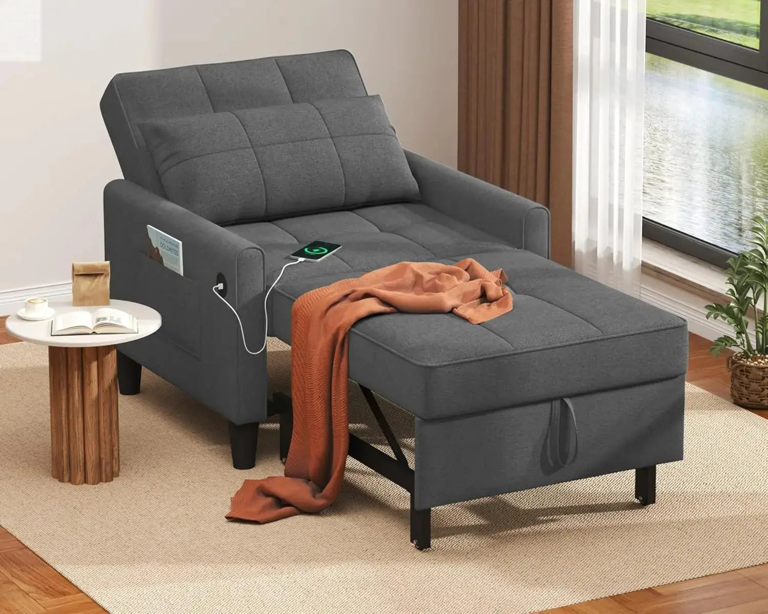 "3-in-1 Sleeper Chair - Convertible Futon with USB Ports & Side Pockets, Adjustable Recliner for Small Spaces & Bedrooms" Allen Cozy Haven Store