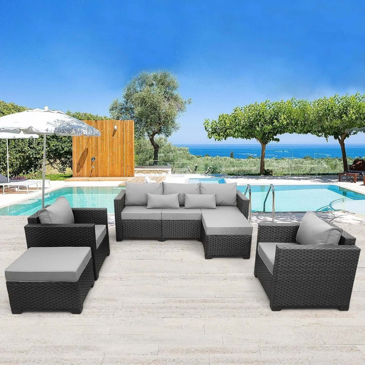 5-Piece Outdoor Wicker Sofa Set with Grey Non-Slip Cushions and Waterproof Covers-Allen Cozy Haven Store
