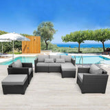 5-Piece Outdoor Wicker Sofa Set with Grey Non-Slip Cushions and Waterproof Covers-Allen Cozy Haven Store
