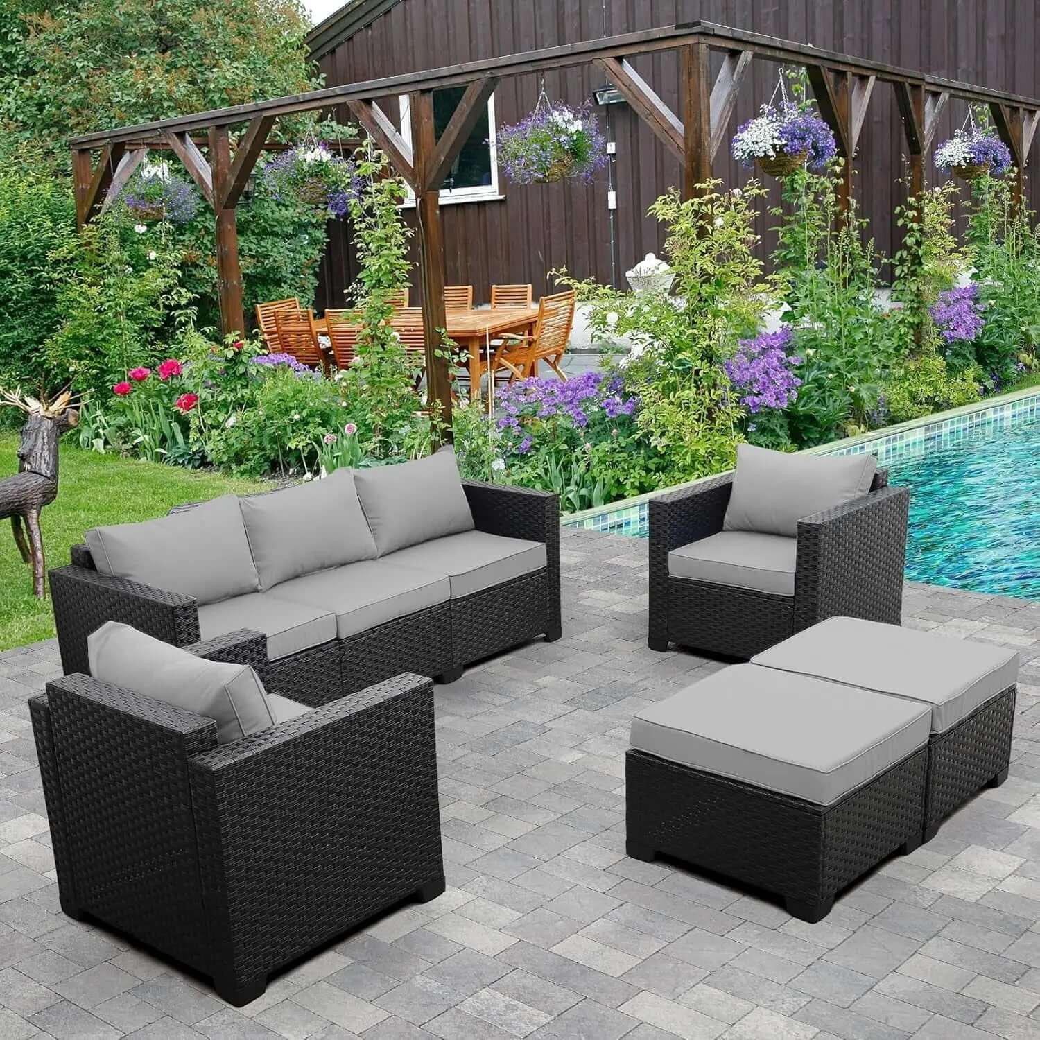 5-Piece Outdoor Wicker Sofa Set with Grey Non-Slip Cushions and Waterproof Covers-Allen Cozy Haven Store