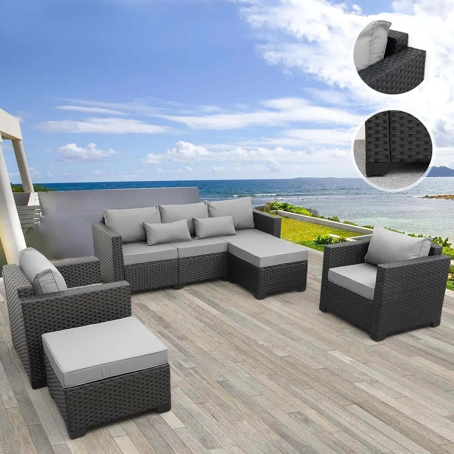 5-Piece Outdoor Wicker Sofa Set with Grey Non-Slip Cushions and Waterproof Covers-Allen Cozy Haven Store