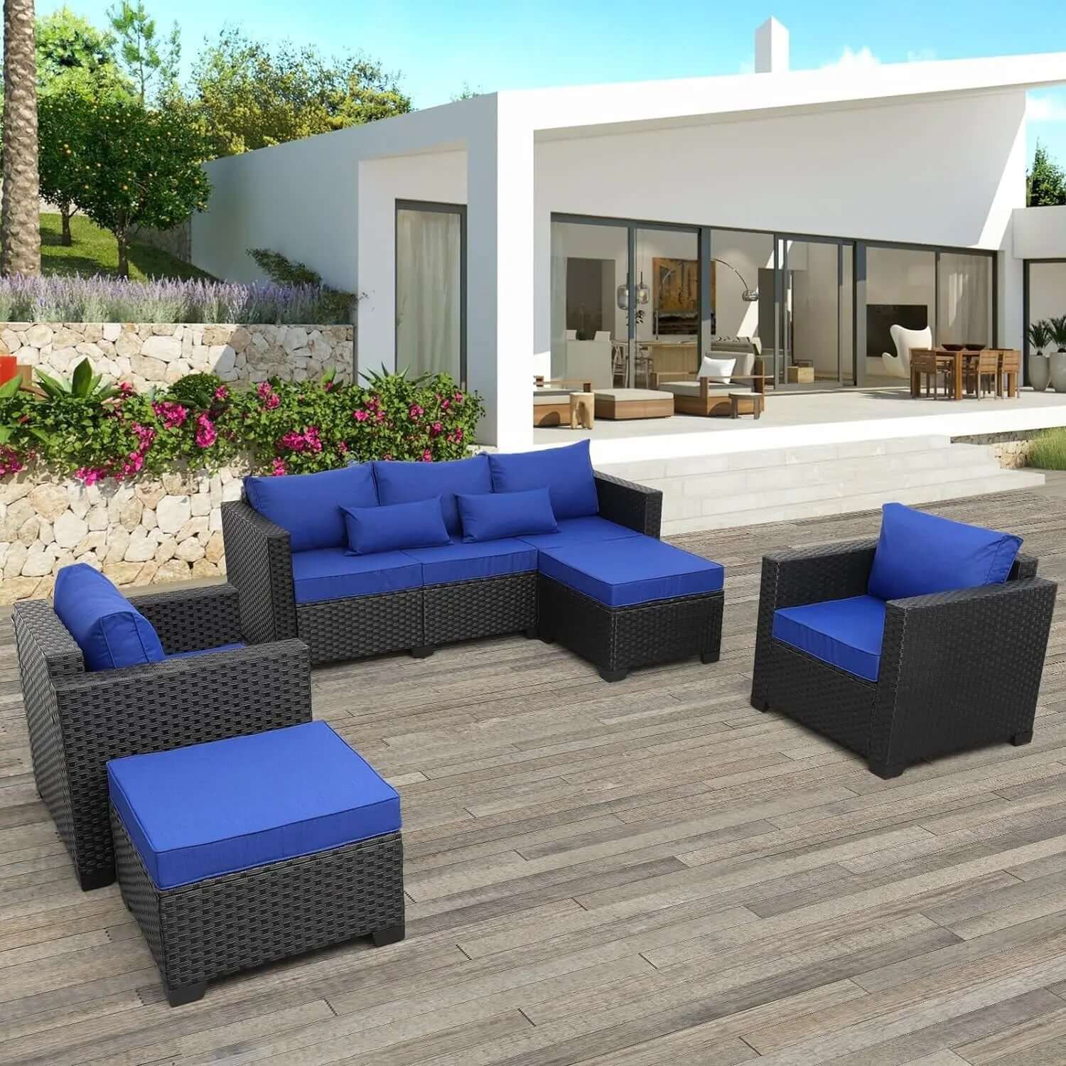 5-Piece Outdoor Wicker Sofa Set with Grey Non-Slip Cushions and Waterproof Covers-Allen Cozy Haven Store