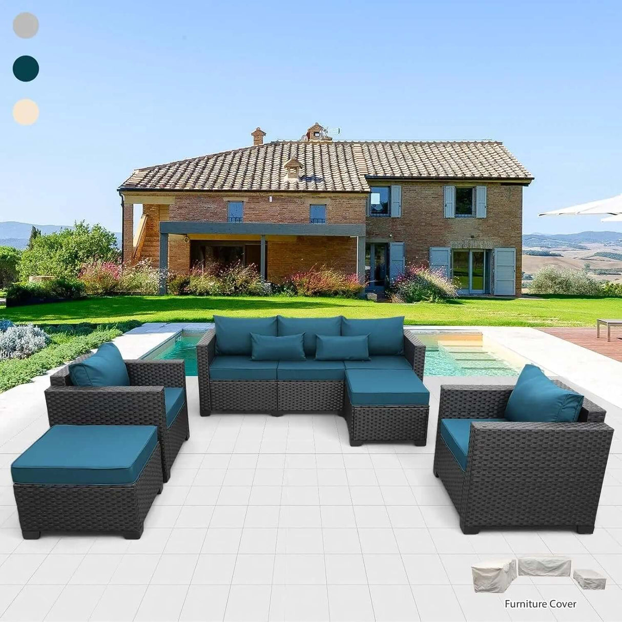 5-Piece Outdoor Wicker Sofa Set with Grey Non-Slip Cushions and Waterproof Covers-Allen Cozy Haven Store