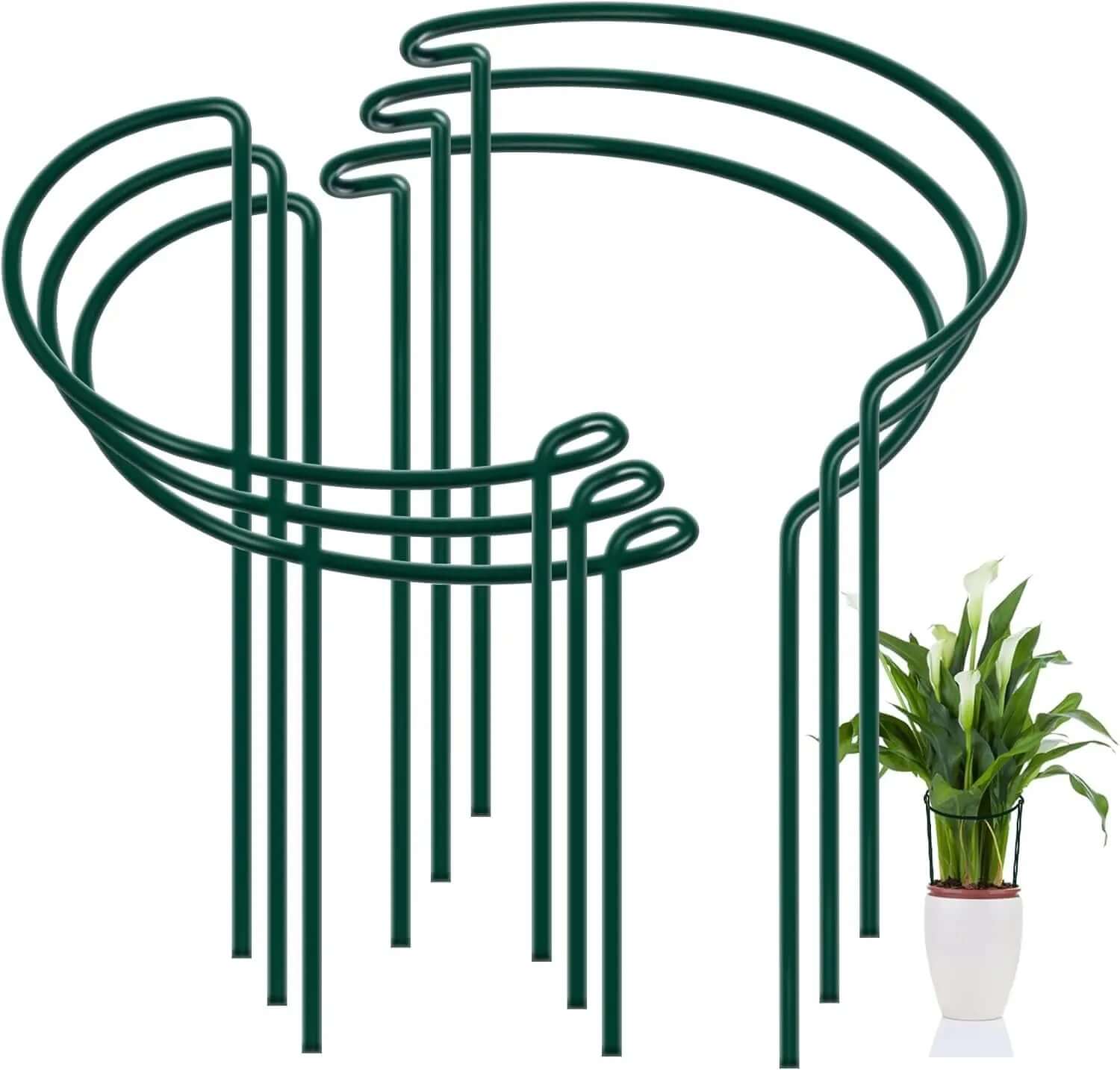 6-Pack Metal Garden Plant Support Stakes - 10" Wide x 16" High Green Half-Round Support Rings for Potted Plants, Ideal for Tomatoes and Hydrangeas-Allen Cozy Haven Store