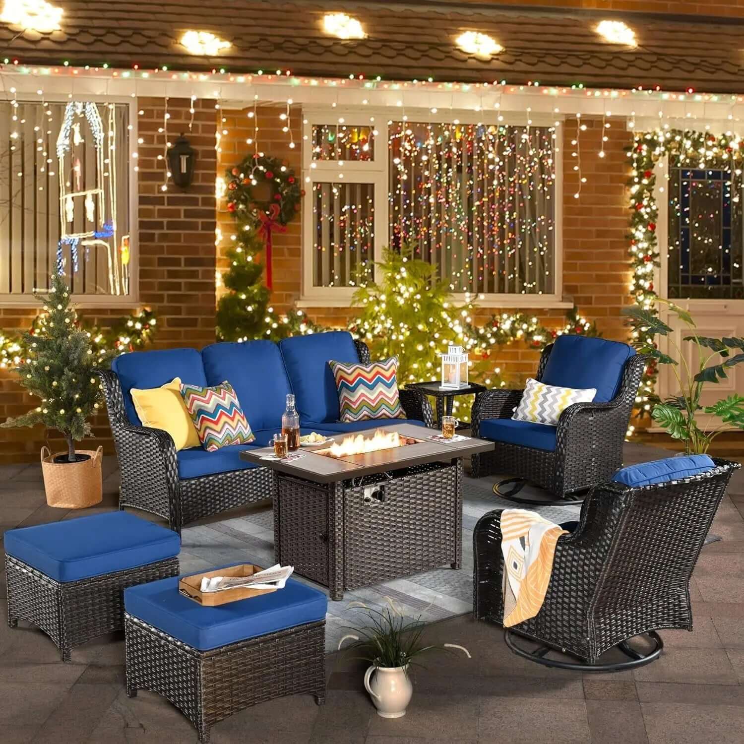 6-Piece All-Weather Wicker Patio Furniture Set with Swivel Rocking Chairs and High Back Sofa-Allen Cozy Haven Store