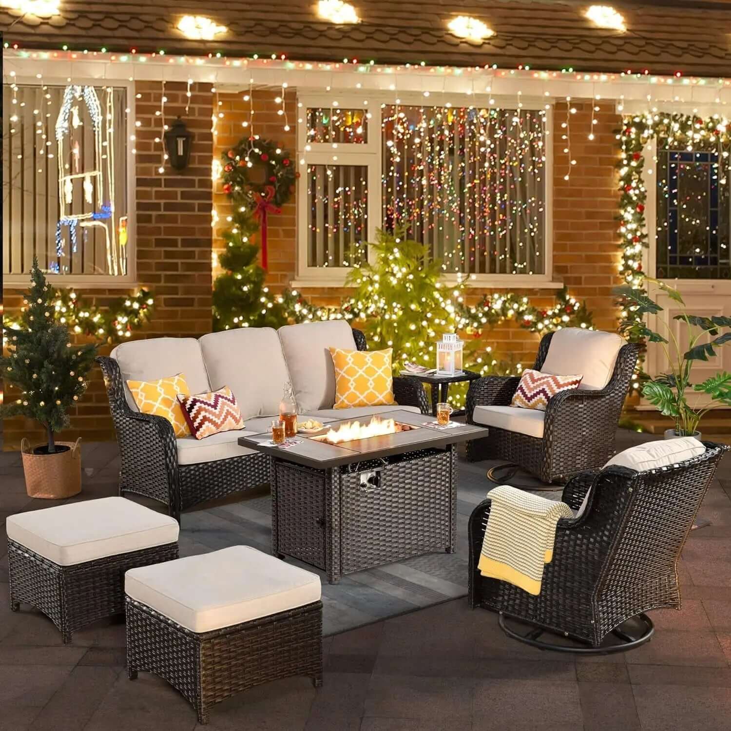 6-Piece All-Weather Wicker Patio Furniture Set with Swivel Rocking Chairs and High Back Sofa-Allen Cozy Haven Store