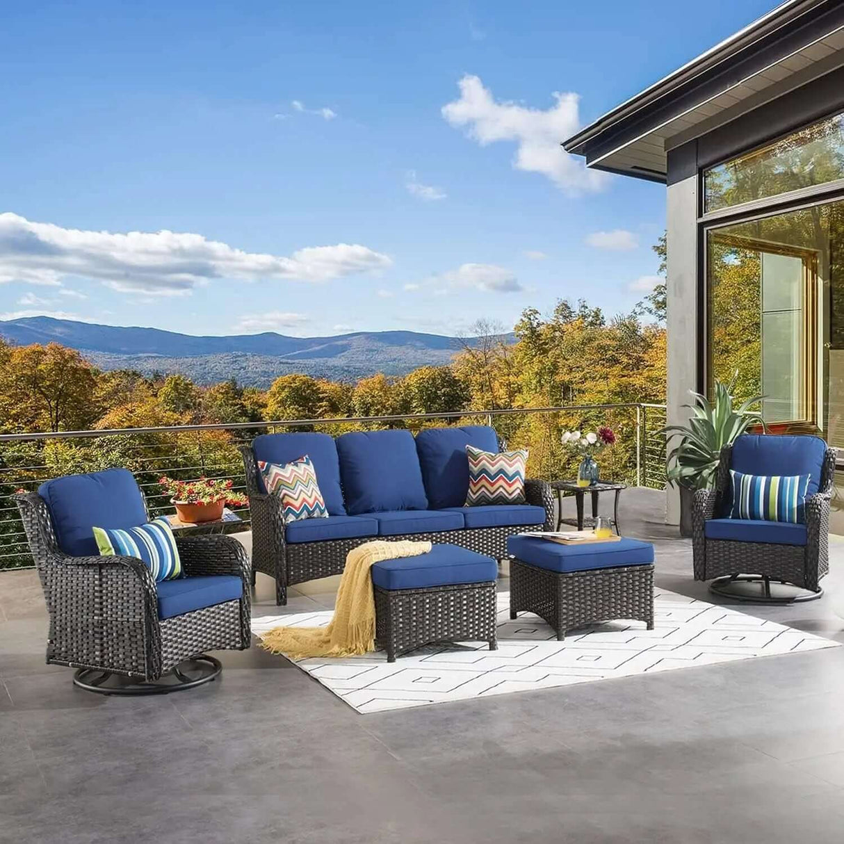 6-Piece All-Weather Wicker Patio Furniture Set with Swivel Rocking Chairs and High Back Sofa-Allen Cozy Haven Store