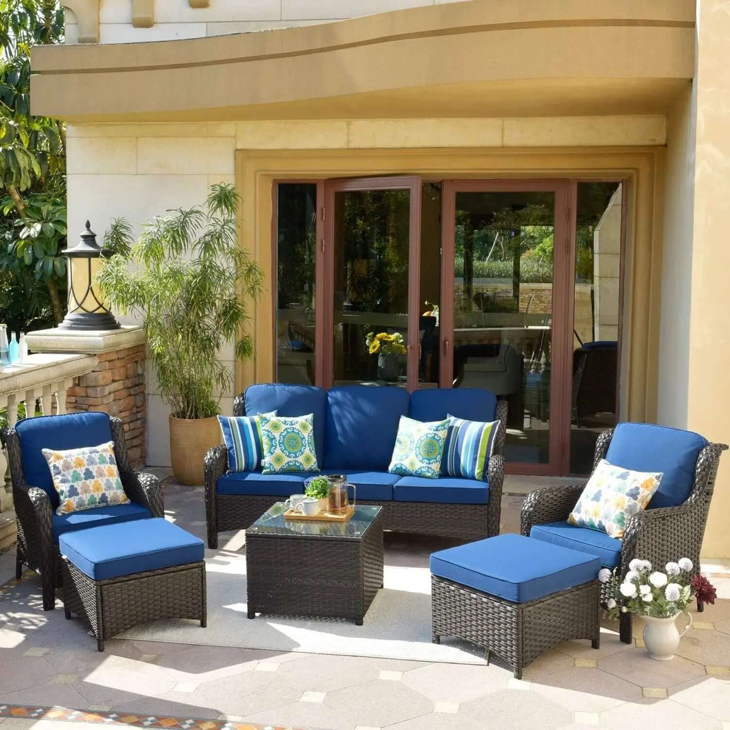 6-Piece All-Weather Wicker Patio Furniture Set with Swivel Rocking Chairs and High Back Sofa-Allen Cozy Haven Store