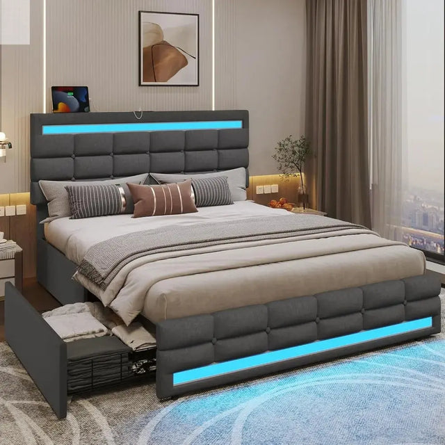ADORNEVE LED Full Size Bed Frame with Storage Drawers, Upholstered Platform Bed Frame with 2 USB Ports, LED Lights Headboard Foo Allen Cozy Haven Store