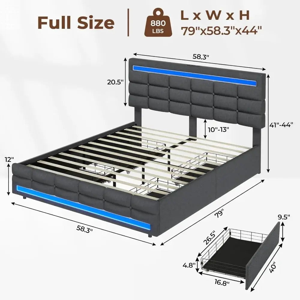 ADORNEVE LED Full Size Bed Frame with Storage Drawers, Upholstered Platform Bed Frame with 2 USB Ports, LED Lights Headboard Foo Allen Cozy Haven Store