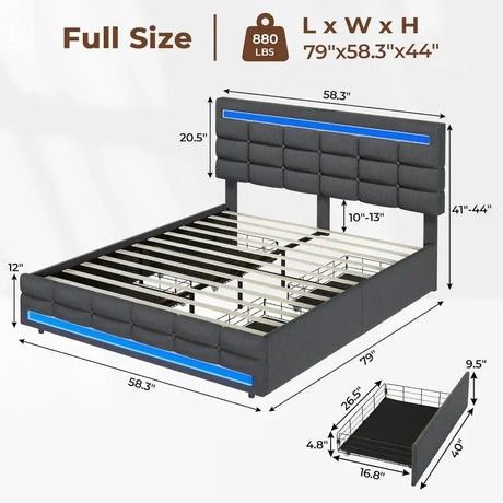 ADORNEVE LED Full Size Bed Frame with Storage Drawers, Upholstered Platform Bed Frame with 2 USB Ports, LED Lights Headboard Foo Allen Cozy Haven Store
