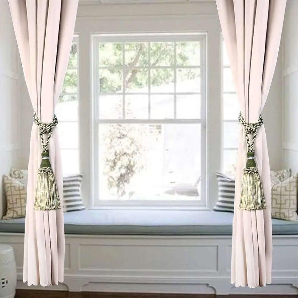 Beaded Curtain Tassel Tiebacks - Set of 2 Rope Holdbacks in Grass Green for Bedroom Decor-Allen Cozy Haven Store