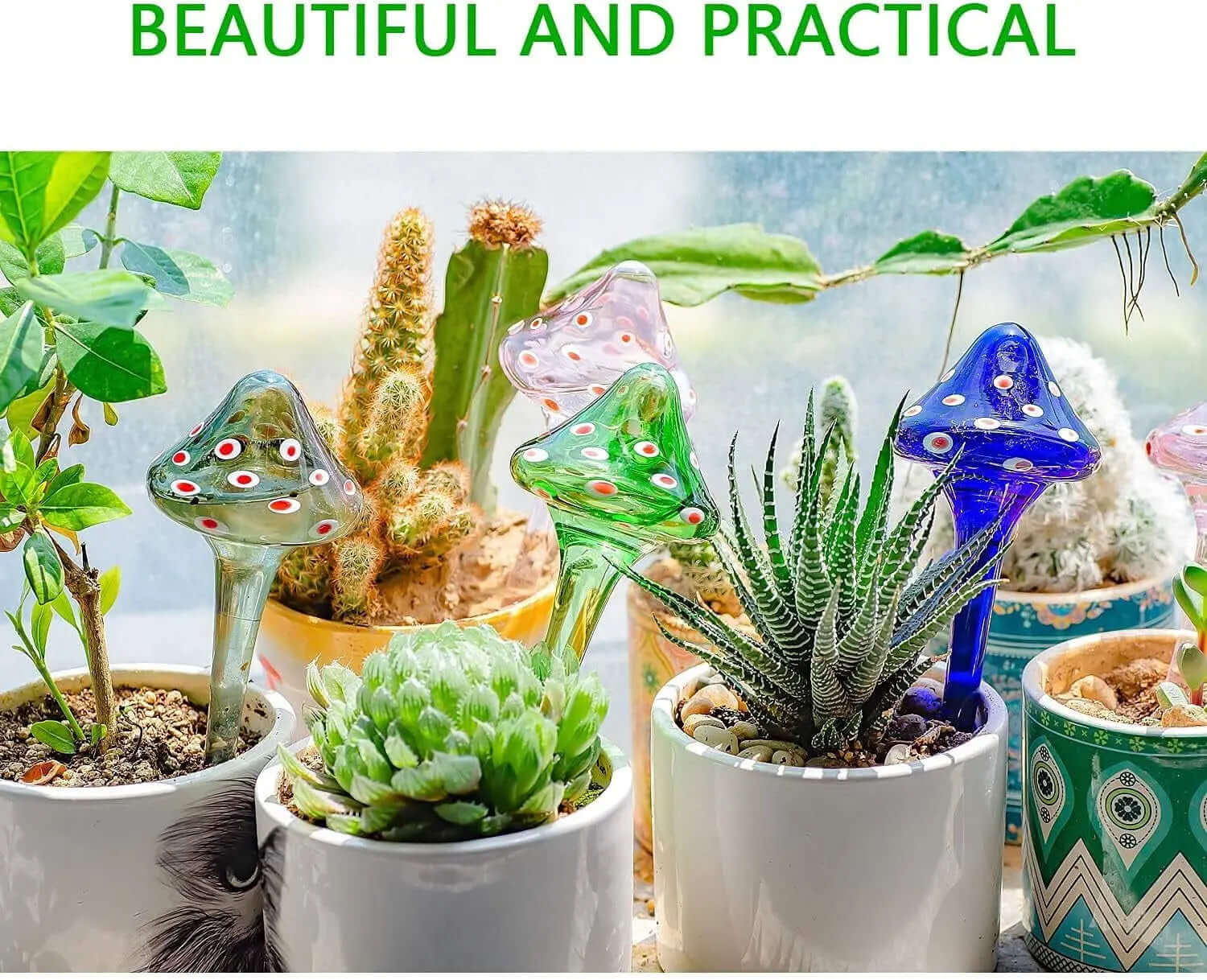 Deluxe Set of 4 Decorative Mushroom-Shaped Glass Self-Watering Spikes for Indoor and Outdoor Plants-Allen Cozy Haven Store